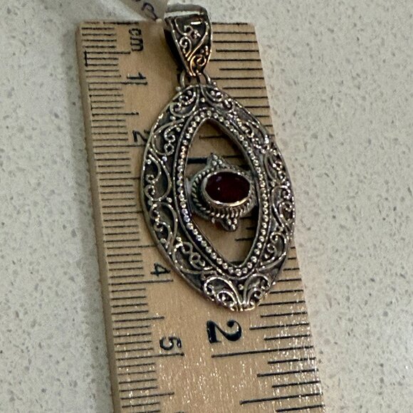 925 Sterling Silver Filigree Pendant with Synthetic Ruby - Picture 2 of 6